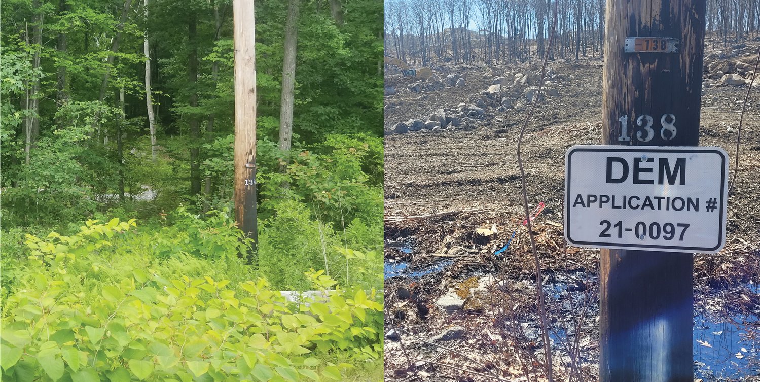 BEFORE: At left, over the summer, as the Amazon project morphed from Project Schooner into a robotic fulfillment center for the world’s largest online retailer, the woodland off Hartford Avenue, near the intersection with Interstate-295, sat mostly undisturbed. 

AFTER: At right, several months into construction, the site is practically unrecognizable. Note the same utility pole, to the right of both photos. The land has been carved and trees have been toppled. Only a small portion of the project can be seen from the road, though heavy equipment works away across the horizon and at least one crane towers above the remaining tree line.